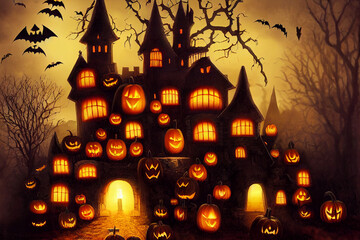 Fototapeta na wymiar Halloween scary night watercolor background. Gothic castle, graveyard and witch illustration.