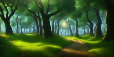 ector illustration of a stony forest path lined with trees. Fantastic nature and magical place. Fascinating forest. Sunshine seeping through the trees.. High quality Illustration