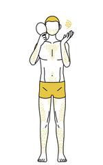 体毛が濃くて悩んでいる男性の線画、鏡を見て落ち込むポーズ