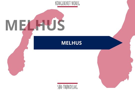 Melhus: Illustration mit dem Namen der norwegischen Stadt Melhus in der Provinz S&oslash;r-Tr&oslash;ndelag