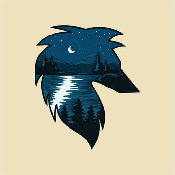 Wolf head and landscape illustration