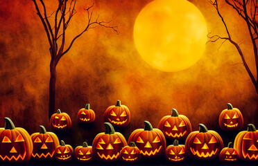 Group of scary Halloween pumpkins during the evening and night of Halloween, 3d illustration