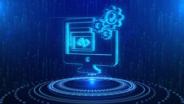 Software Development Text Cyberspace Future Digital Technology Hologram Loop Concept. Digital technology, software development. Coding programmer, software Business, Technology, Internet and network.