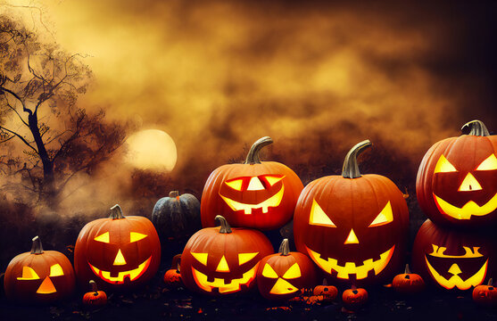 Group of scary Halloween pumpkins during the evening and the night of Halloween, 3d illustration