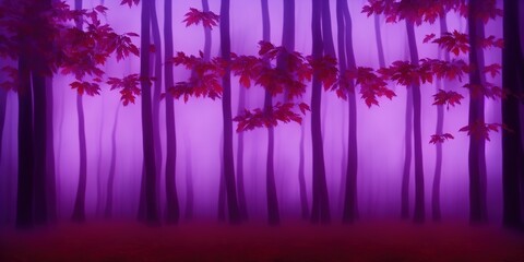 Mystical autumn forest with fog in purple tones. Foggy magical place. Mysterious woods In the morning. Magical atmosphere.. High quality Illustration