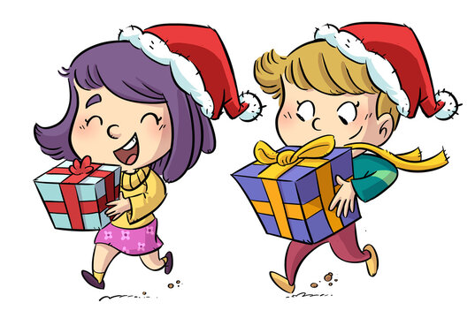 Illustration Of Little Girls With Christmas Hats And Gifts