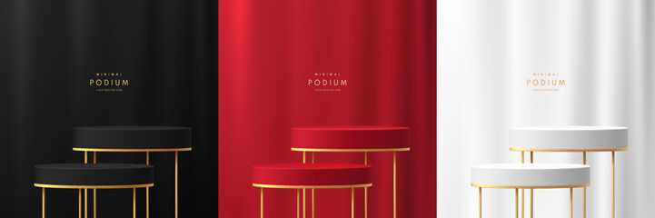 Set of 3D luxury round stand podium with golden easel legs and soft curtain background. Black, red, white luxury geometric forms. Abstract minimal mockup products display. Vector round stage Showcase. - obrazy, fototapety, plakaty
