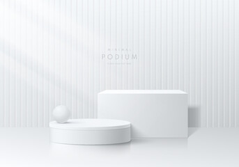 Realistic 3D white cube and cylinder pedestal podium with vertical pattern clean wall background. Vector abstract geometric forms. Silver minimal scene mockup products showcase, Promotion display.