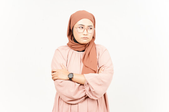 Sad Looking upset, sulking and frowning of Beautiful Asian Woman Wearing Hijab Isolated On White