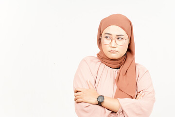 Sad Looking upset, sulking and frowning of Beautiful Asian Woman Wearing Hijab Isolated On White