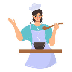 The cook tries the soup. Young beautiful woman with a saucepan and a spoon on the table. Showy girl cooking food.Culinary art vector isolated illustration.