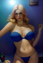  Portrait of young slavic beautiful sexy woman. Carefree model wearing blue underwear. lingerie with big breasts and bra size D. xxl size. Hot tanned blonde posing in room, nude style. Illustration 3D