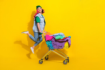 Full length photo of attractive funny lady stylish outfit pushcart low price collection empty space...