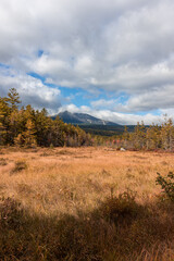 Baxter Peak from Tote Road in Maine with brilliant fall foliage on a mostly cloudy day