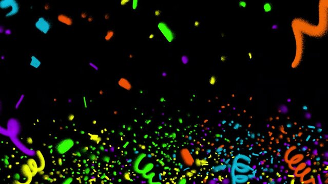 Cartoon confetti on a black background. Animation of textured multi-colored crackers in 4k with an alpha channel. The concept of celebration, fun, victory, New Year and Christmas.