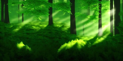 Spruce Tree Forest, Sunbeams through Fog illuminating Moss and Fern Covered Forest Floor, Creating a Mystic Atmosphere. High quality Illustration