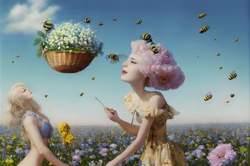 Happy Beautiful woman human bee collect pollen in baskets on meadow. Funny character, picking honey. Enjoying the scent of low-growing. Fairytale, insect, for banner or landing page. Illustration - obrazy, fototapety, plakaty