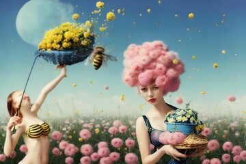 Happy Beautiful woman human bee collect pollen in baskets on meadow. Funny character, picking honey. Enjoying the scent of low-growing. Fairytale, insect, for banner or landing page. Illustration. - obrazy, fototapety, plakaty