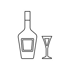 Liquor bottle and glass. Linear icons beverages isolated on white background. Outline black alcoholic drinks with wineglasses in flat design. Thin line objects. Vector illustration.