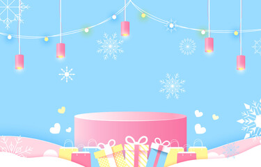 Podium for placing products. Christmas Day. snowflakes, shopping bags, gift box.