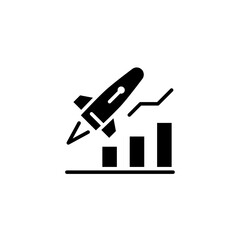 business start icon designed in solid black style decorated with rocket icon elements and percentage graph icons in business icon theme