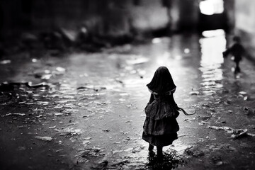 Scary doll walking down a dark street, horror movie scene,
