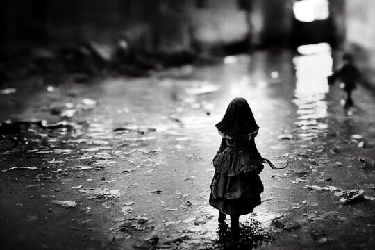 Scary Doll Walking Down A Dark Street, Horror Movie Scene,