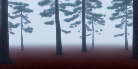 Obraz premium Ancient pine trees in a white morning fog. Idyllic autumn landscape. Swampy northern forest. Kemeri national park, Latvia. High quality Illustration