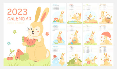 Design a children's vertical calendar for 2023 with cute illustrations with a rabbit character. 2023 is the year of the rabbit. 12 months. Wall calendar template. Vector illustration.