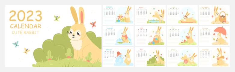 Design a children's horizontal calendar for 2023 with cute illustrations with a rabbit character. 2023 is the year of the rabbit. 12 months. Wall calendar template. Vector illustration.