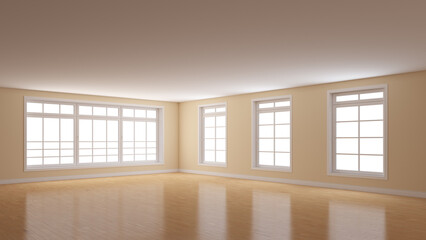 Mockup Interior with Beige Walls, Four Windows, Light Glossy Parquet Floor and a White Plinth. Room with Perspective View. Corner of the Room. 3D rendering with a Work Path on the Windows. 8K Ultra HD