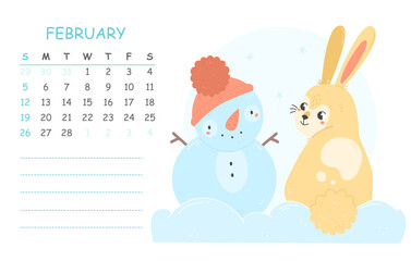 February children's calendar for 2023 with an illustration of a cute rabbit with a snowman. 2023 is the year of the rabbit. Vector winter illustration of the calendar page.
