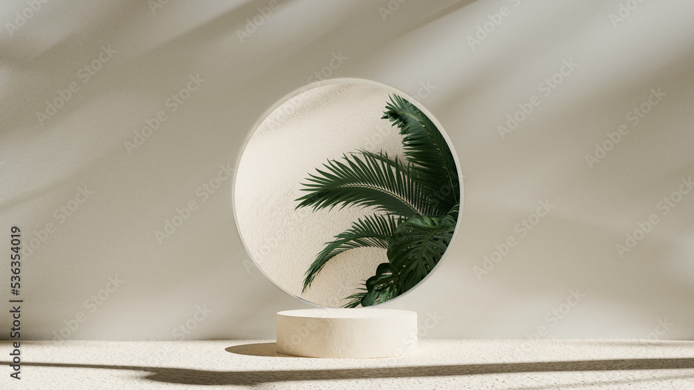 Poster minimal abstract cosmetic background for product presentation. cosmetic bottle podium and green leaf