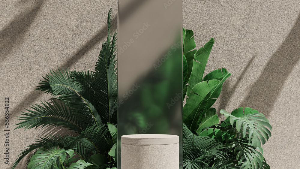 Poster minimal abstract cosmetic background for product presentation. cosmetic bottle podium and green leaf