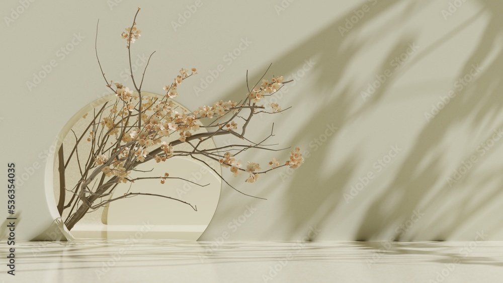 Poster 3d rendering  background podium. display stand . Abstract minimal scene with geometric forms with decorative flowers Skura . Japan style products display 