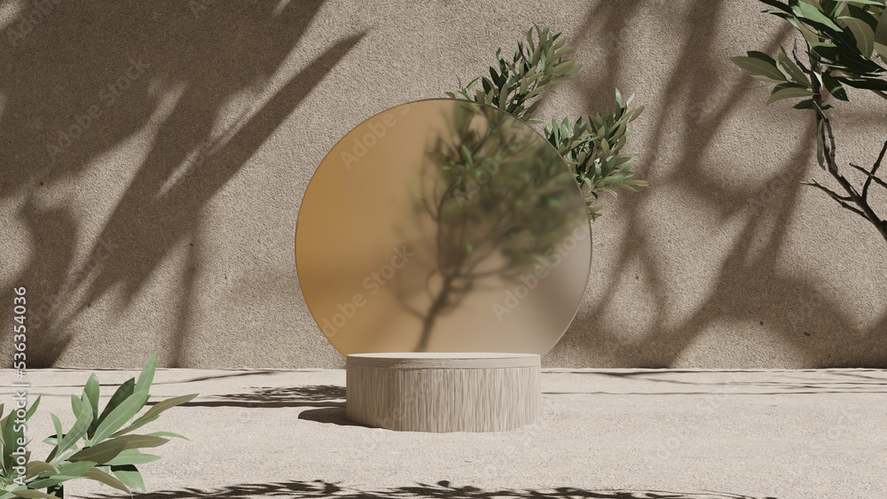 Aufkleber minimal abstract cosmetic background for product presentation. cosmetic bottle podium and green leaf