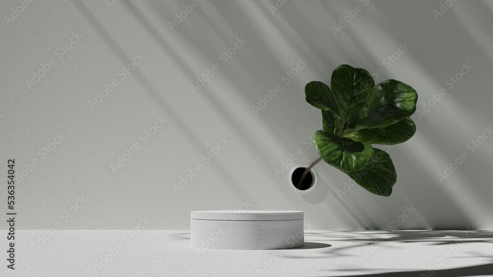 Poster minimal abstract cosmetic background for product presentation. cosmetic bottle podium and green leaf