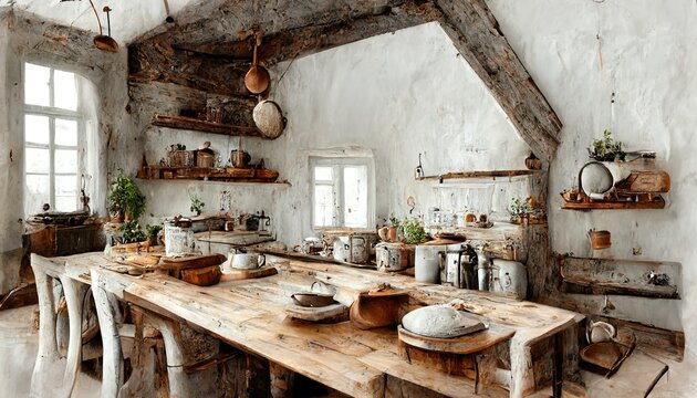 Rustic kitchen interior with brick wall and cozy atmosphere with kitchenware