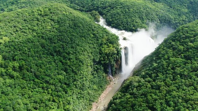 Wild Tamul waterfall landscape aerial drone.Awesome unspoiled forest cascade aerial vertical drone view. American Caribbean river cascade in the rainforest.
The tallest waterfall in the state.