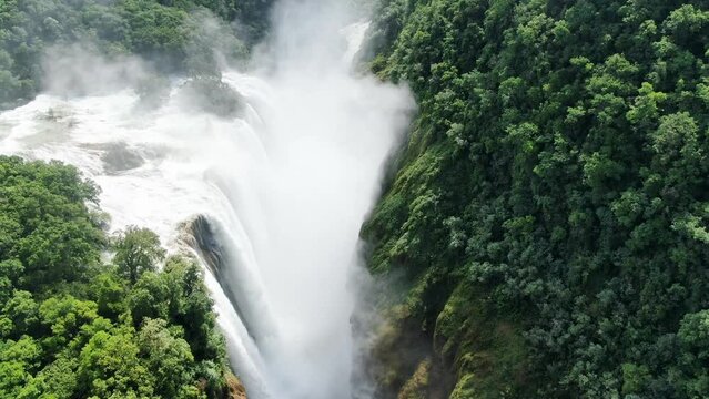 Wild Tamul waterfall landscape aerial drone.Awesome unspoiled forest cascade aerial vertical drone view. American Caribbean river cascade in the rainforest.
The tallest waterfall in the state.