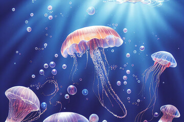 Jellyfish floating in the sea. Beautiful blue ocean life with sparkle and glitter.