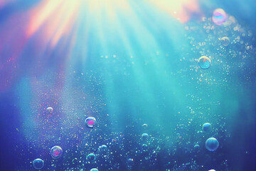 Jellyfish floating in the sea. Beautiful blue ocean life with sparkle and glitter.