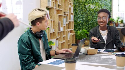 Creative teamwork, business meeting and designer collaboration, startup presentation and marketing agency ideas. Young employees planning professional graphics, talking strategy and group discussion