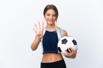 Little caucasian girl playing football isolated on white background happy and counting four with fingers