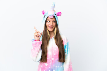 Little caucasian girl wearing unicorn pajama isolated on white background intending to realizes the solution while lifting a finger up