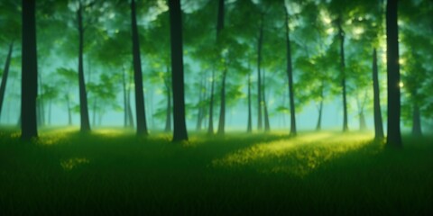 Misty morning in the woods. Rays of light in the forest. Mist fog and the trees nature background.. High quality Illustration