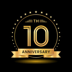10th Anniversary, Perfect template design for anniversary celebration with gold color for booklet, leaflet, magazine, brochure poster, web, invitation or greeting card. Vector template