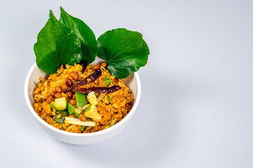 Top view of Fermented Pork and Crisp Rice Salad or Yam Naem Khao Tod Recipe on a wooden mat  ,Thai food concept, Thai Street Food, Copy space, Space for text.
