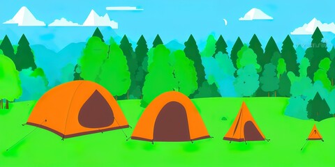 Daytime forest clearing flat color Image illustration. Spot for camping in woods. Place for hiking in jungle. Morning in nature. Outdoors 2D cartoon landscape with panoramic mountains on background