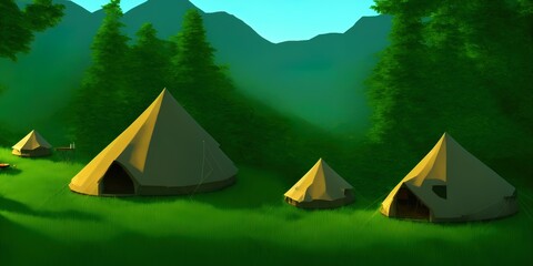 Camp in the mountains among the green hills. The camp is in the woods. Camp in the woods at the edge of mountains. Mountain forest camping. High quality Illustration